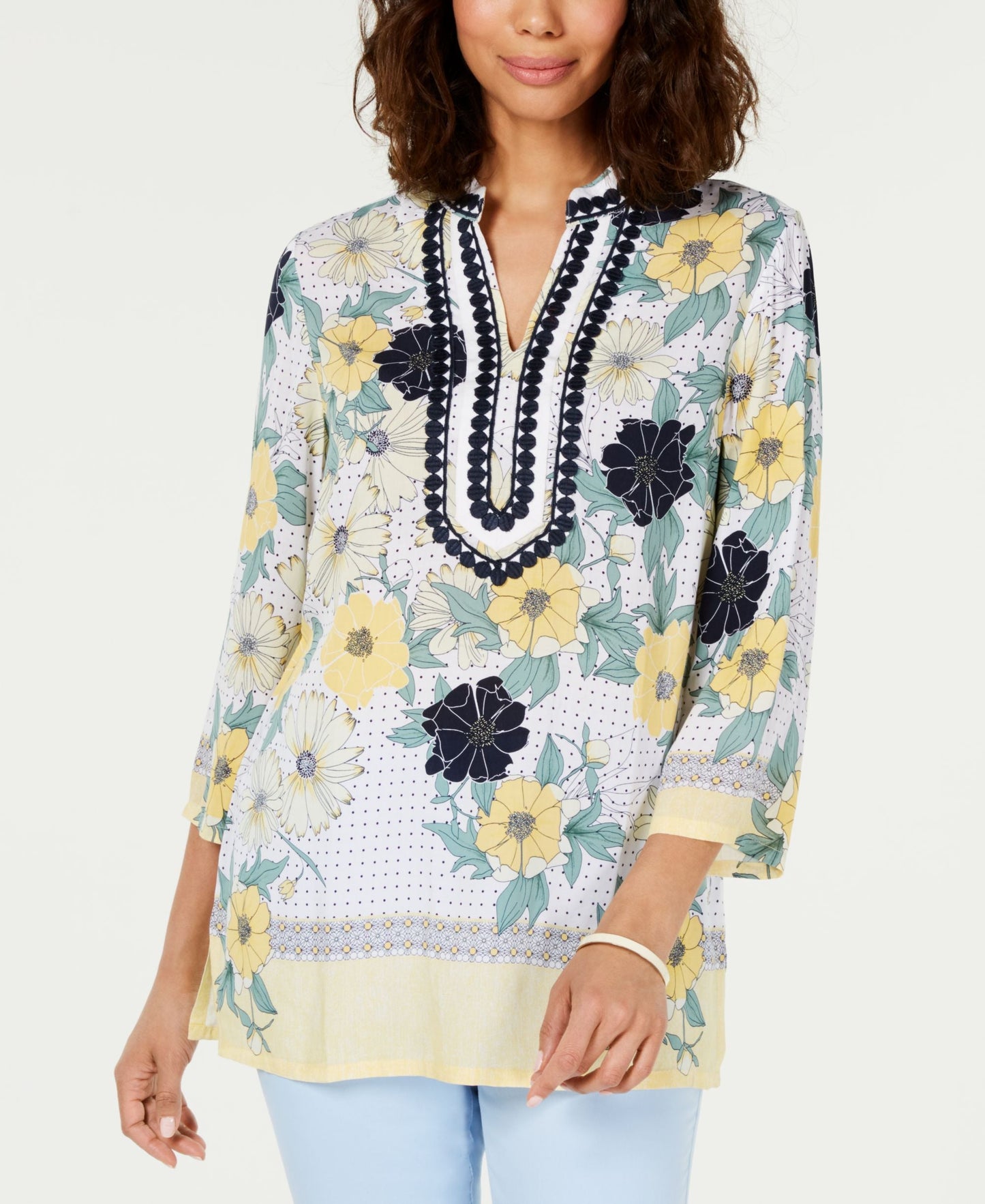 Printed Embroidered Split-Neck Tunic