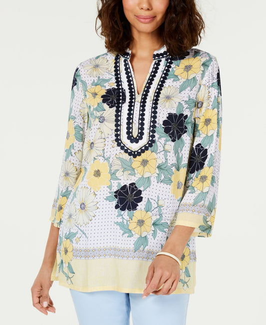 Printed Embroidered Split-Neck Tunic