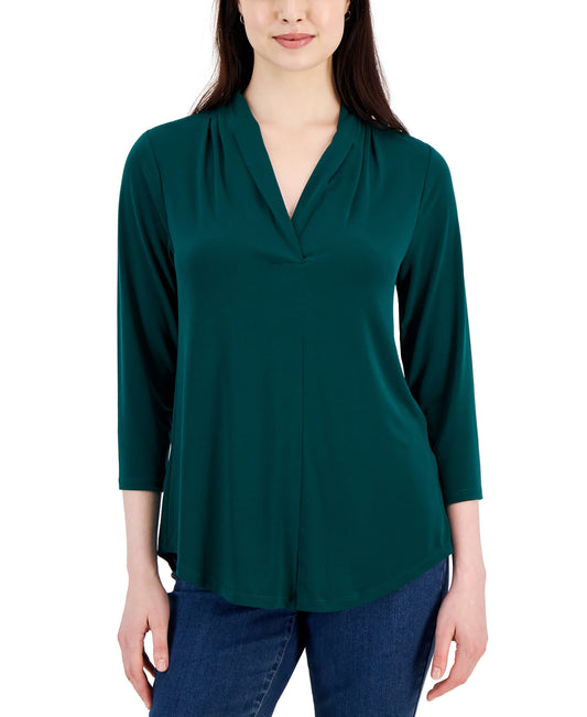 Petite Pleat-Neck 3/4-Sleeve Top