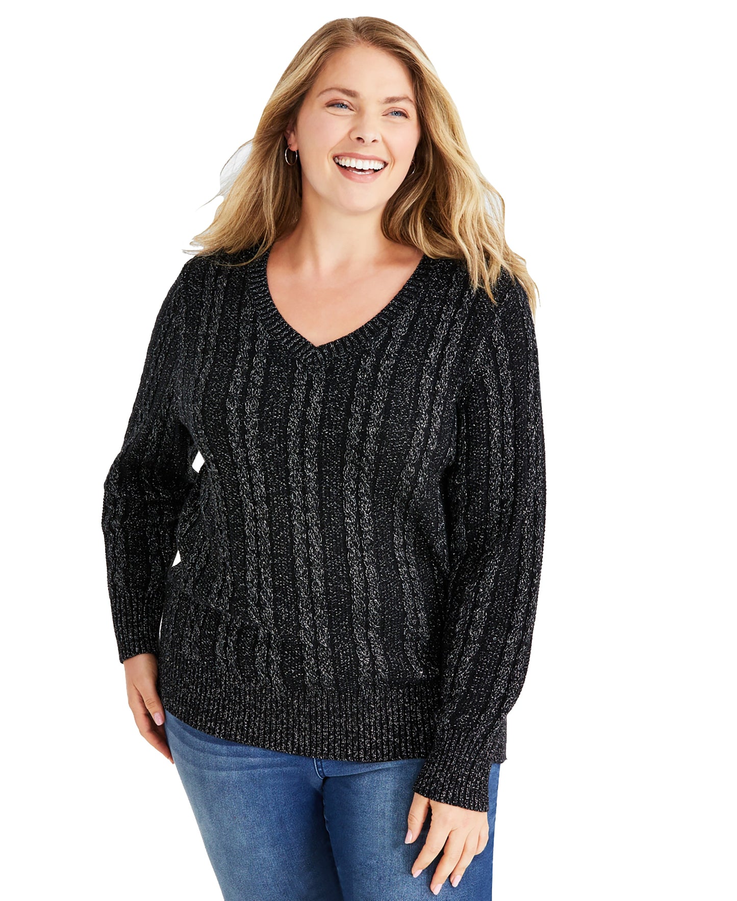 Plus Size Metallic Cable Knit Sweater