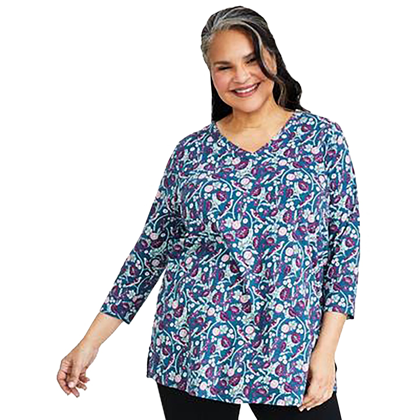 Plus Size Printed V-Neck Knit Tunic Top