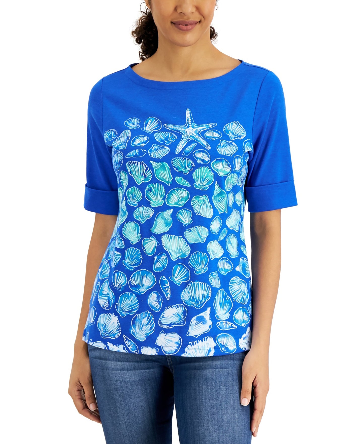 Seashell-Print Elbow-Sleeve Top