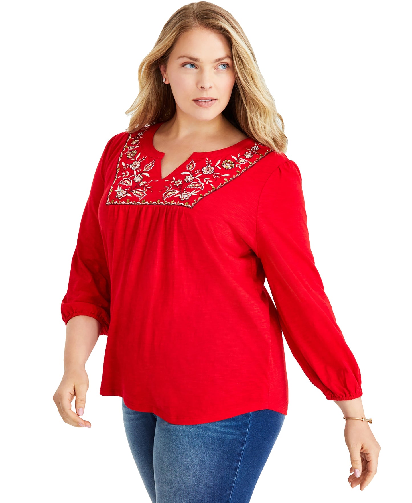 Plus Size Embroidered Split-Neck Top