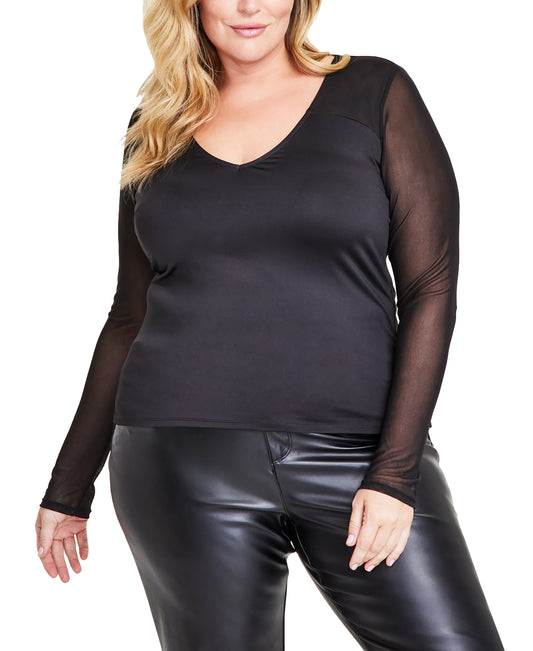 Plus Size V-Neck Sheer-Sleeve Mesh Top