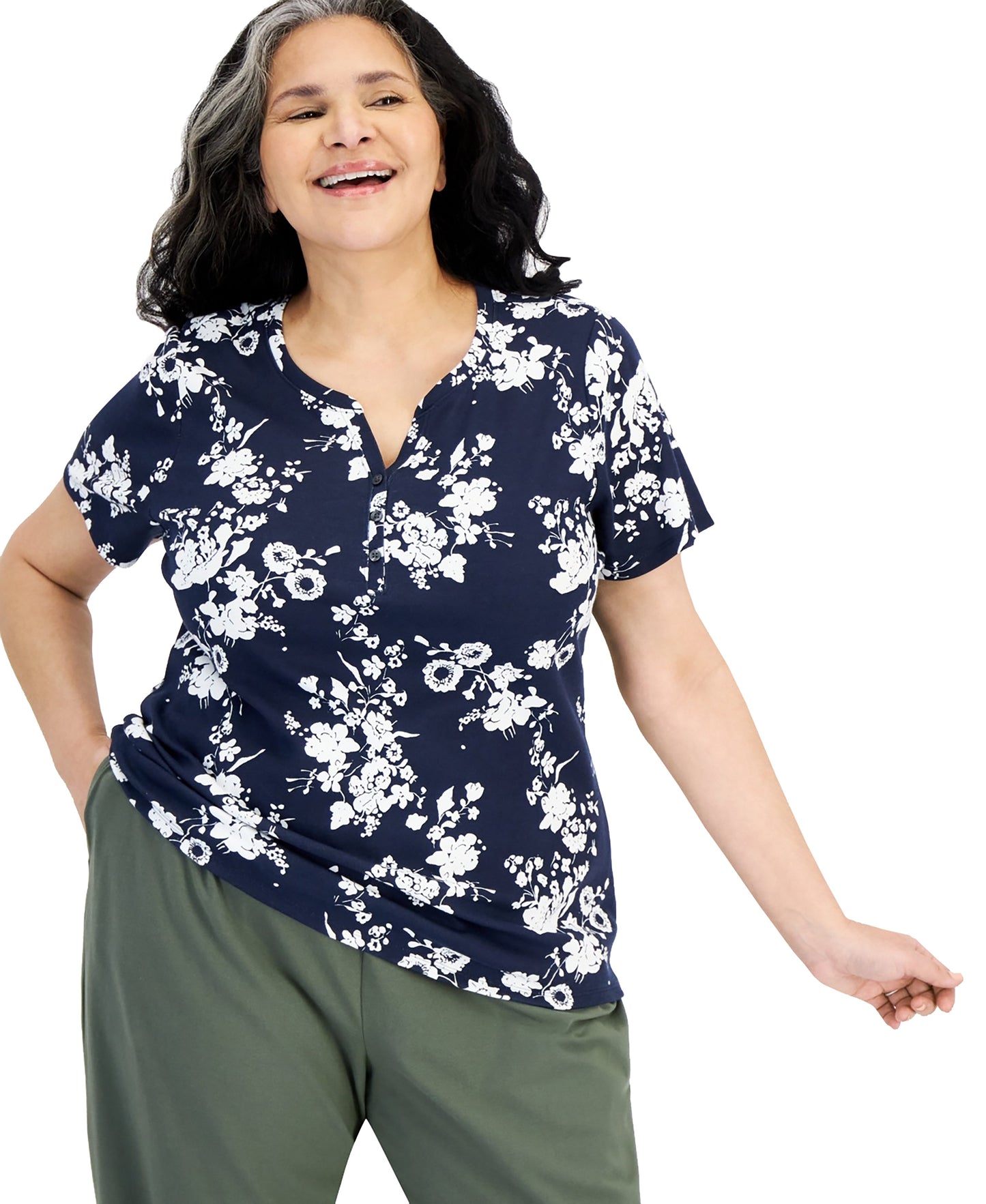 Plus Size Short-Sleeve Henley Printed Top
