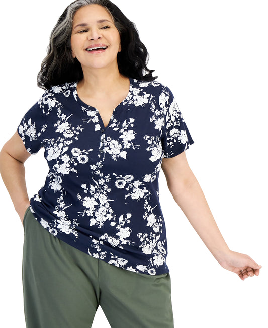 Plus Size Short-Sleeve Henley Printed Top