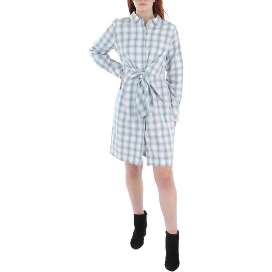 CALVIN KLEIN Womens Pleated Tie Waist Unlined Plaid Cuffed Sleeve Collared Above The Knee Shirt Dress