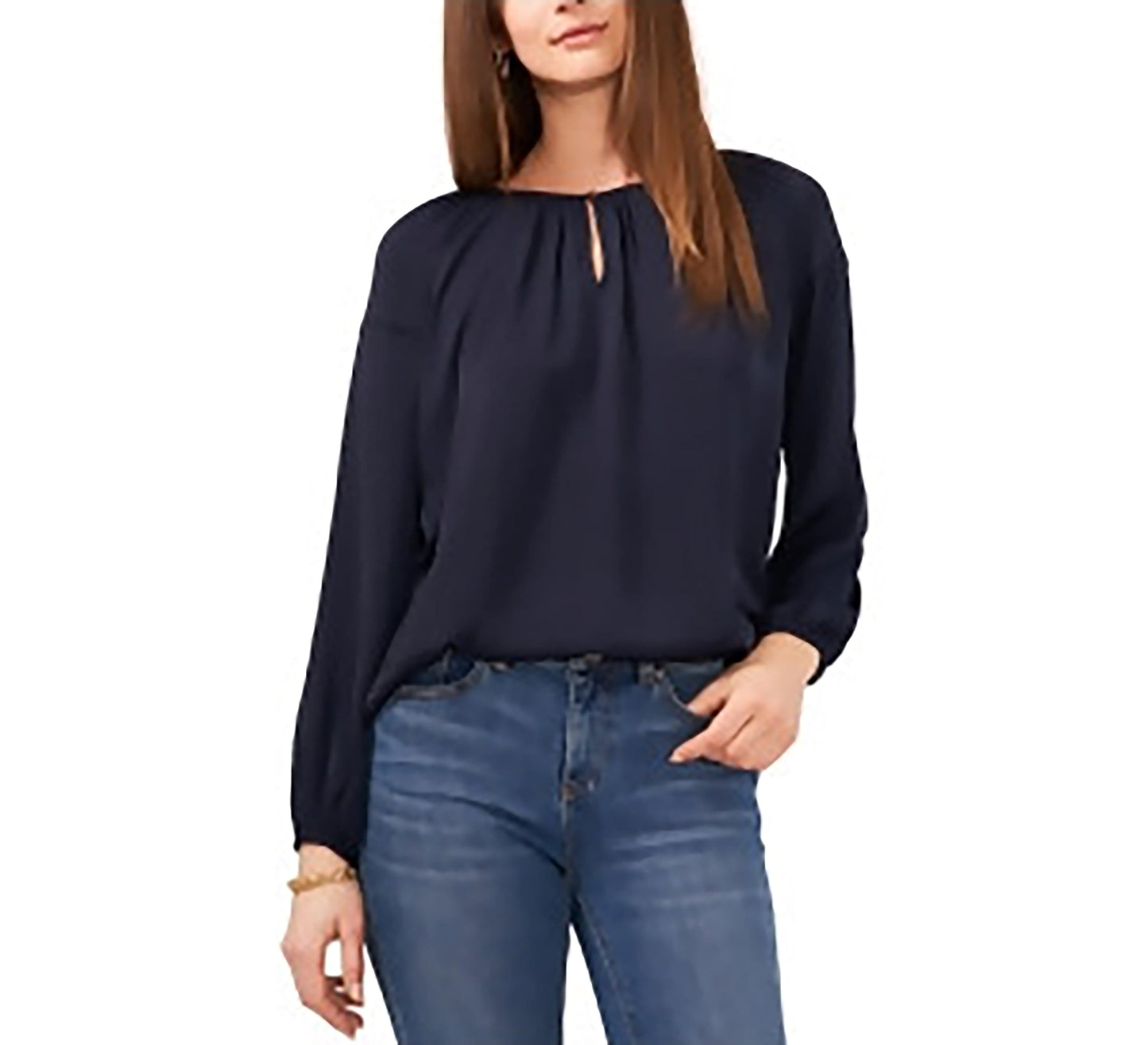 Vince Camuto Womens Gathered Pullover Drop Shoulders Long Sleeve Keyhole Blouse Plus