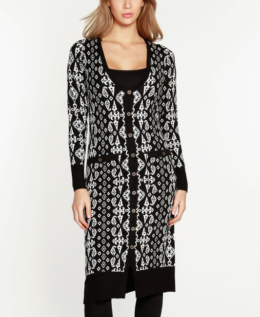 Belldini Black Label Petite Jacquard Button Front Duster Sweater