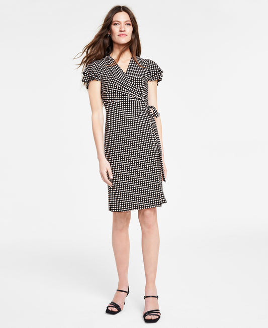 Women's Printed Flutter-Sleeve Faux-Wrap Dress