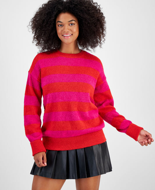 Petite Fuzzy Striped Crewneck Drop-Shoulder Sweater