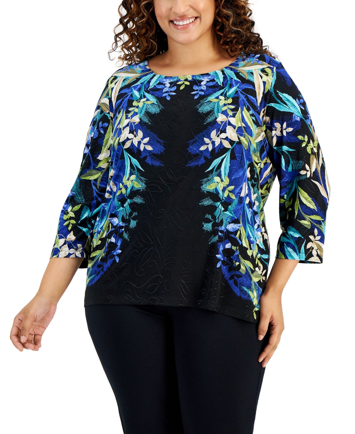 Plus Size 3/4-Sleeve Scoop-Neck Jacquard Top