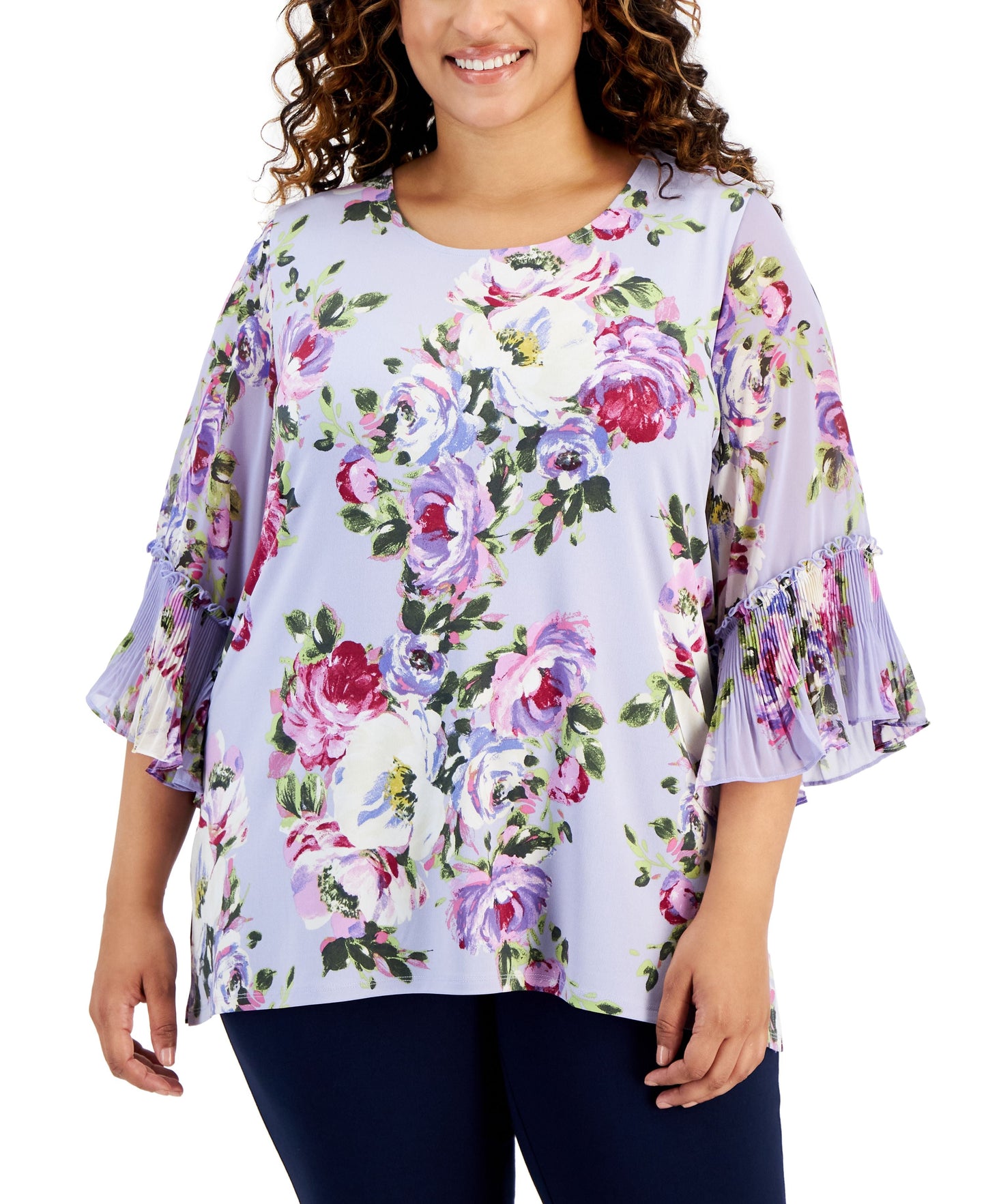 Plus Size Printed Pleat-Sleeve Top