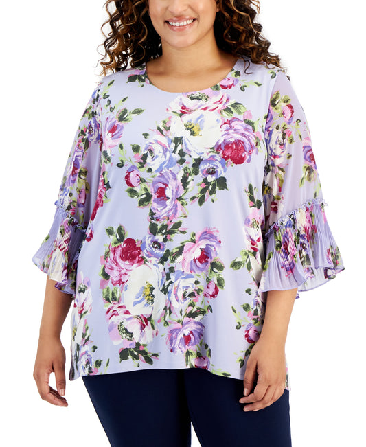 Plus Size Printed Pleat-Sleeve Top