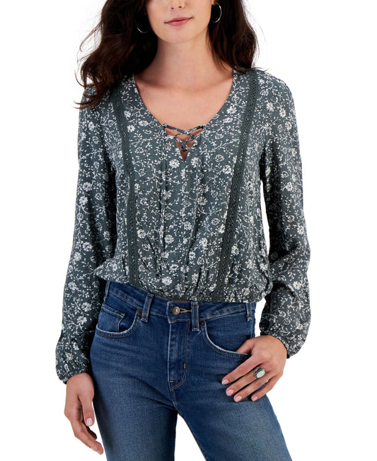 Juniors' Lace-Up V-Neck Crochet-Trimmed Top
