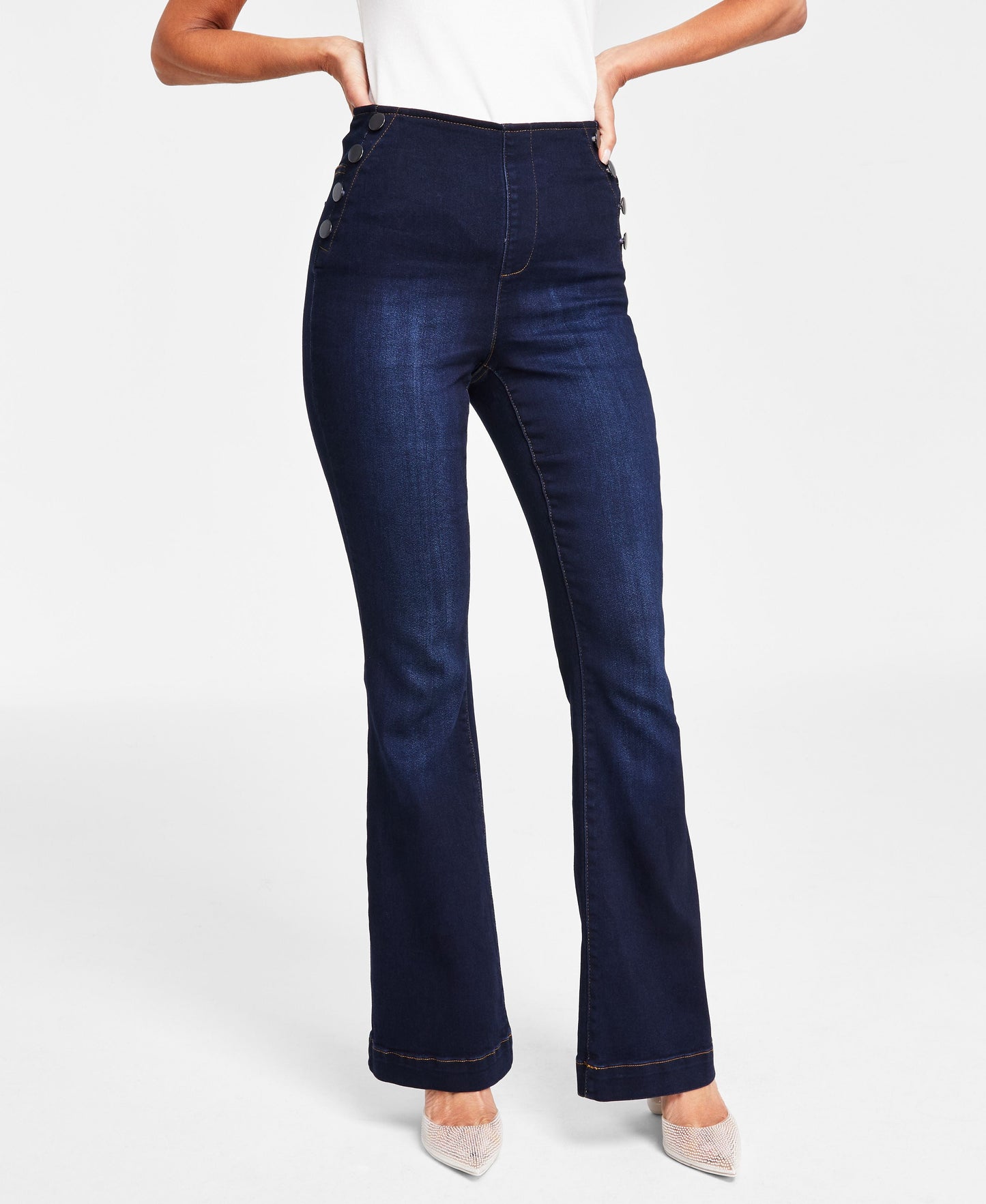 Petite High Rise Sailor-Button Flare-Hem Jeans