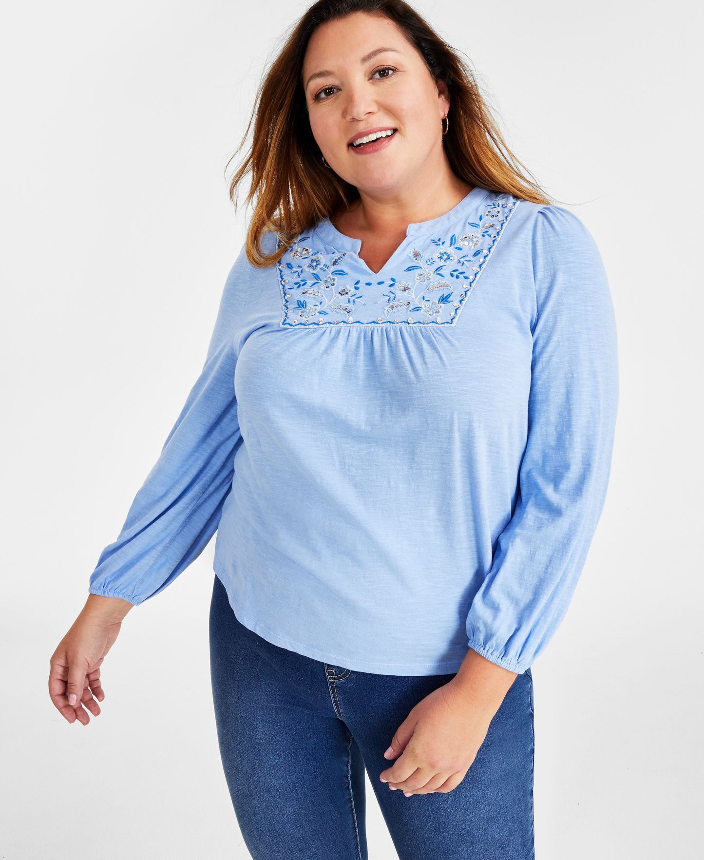 Plus Size Embroidered Split-Neck Top