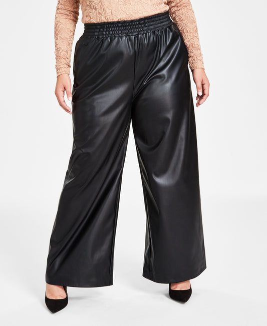 Plus Size Faux-Leather Wide-Leg Pants