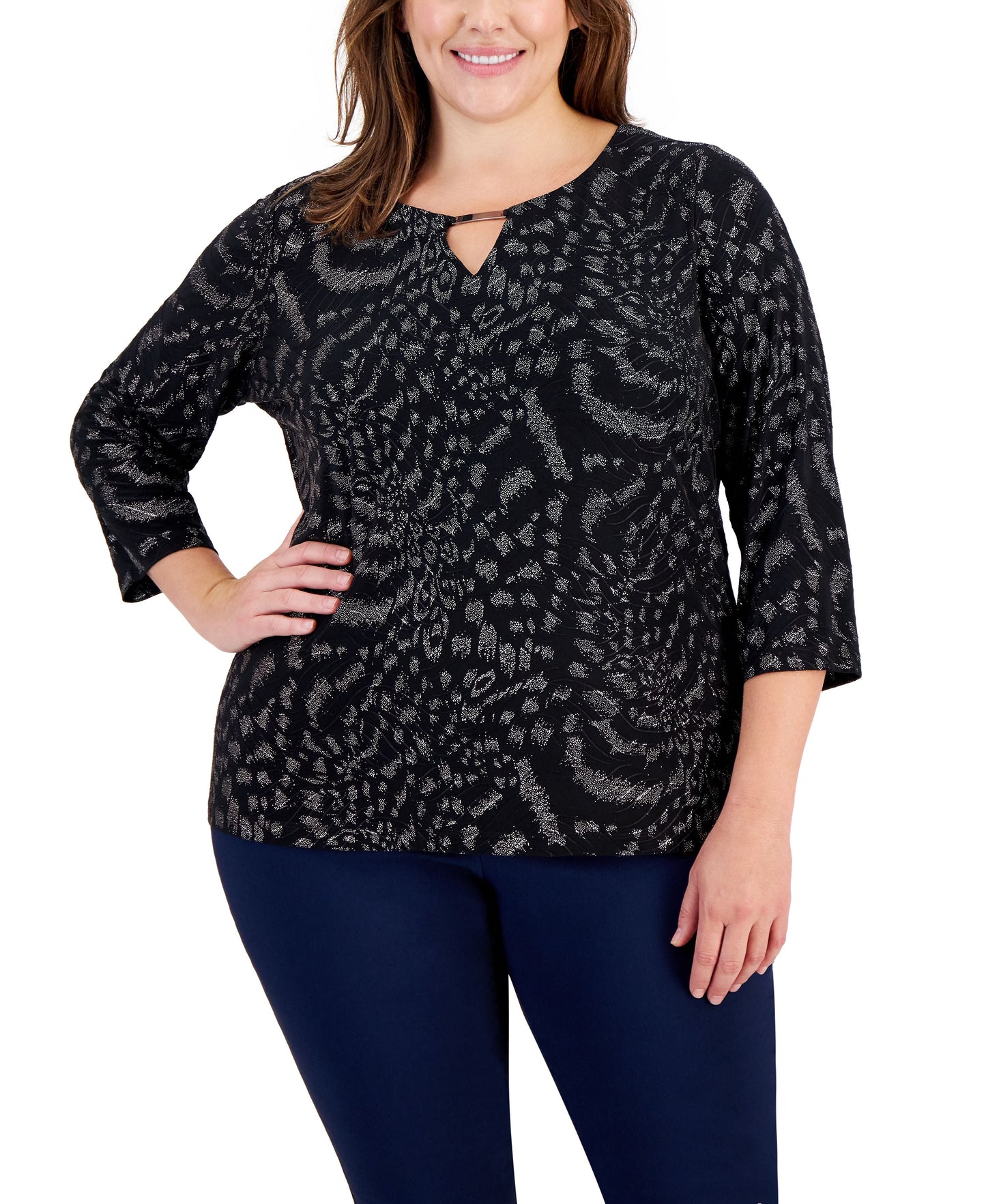Plus Size Cheetah Glitter Keyhole Top