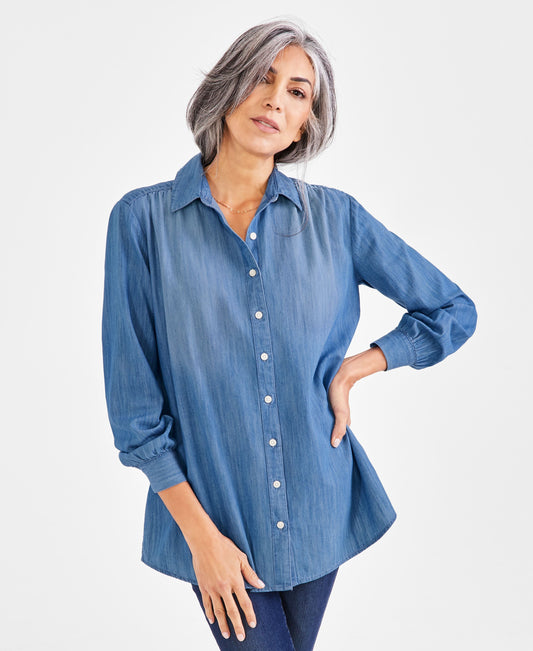 Petite Cotton Chambray Long-Sleeve Boyfriend Tunic