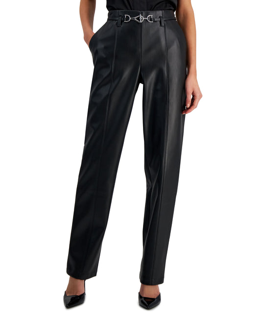 Petite Faux-Leather Belted Trousers