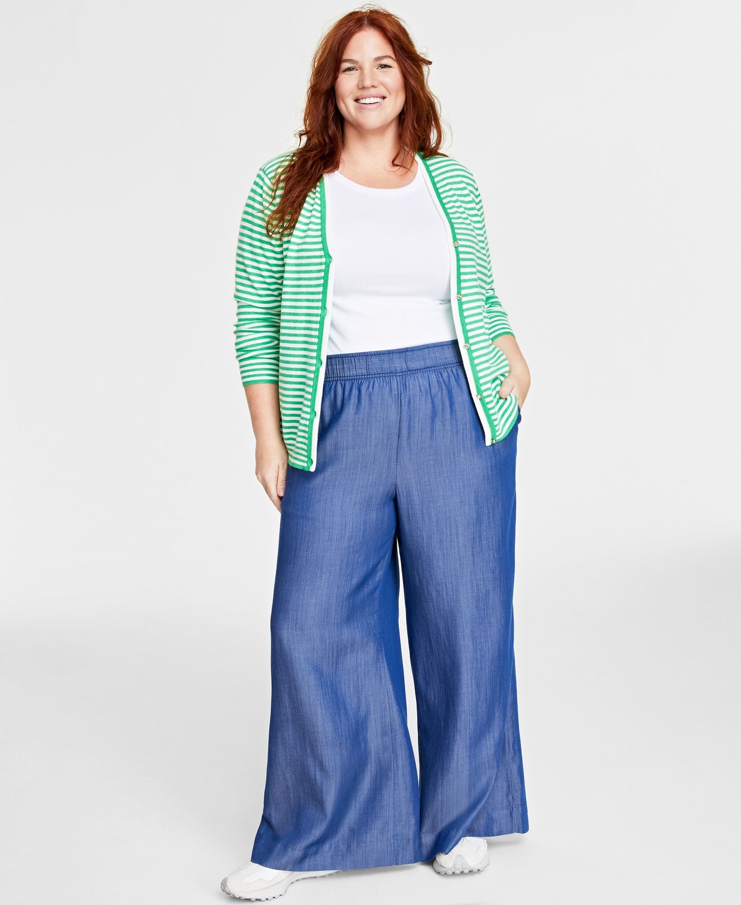 Plus Size Pull-On Chambray Wide-Leg Pants
