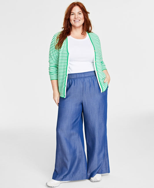 Plus Size Pull-On Chambray Wide-Leg Pants
