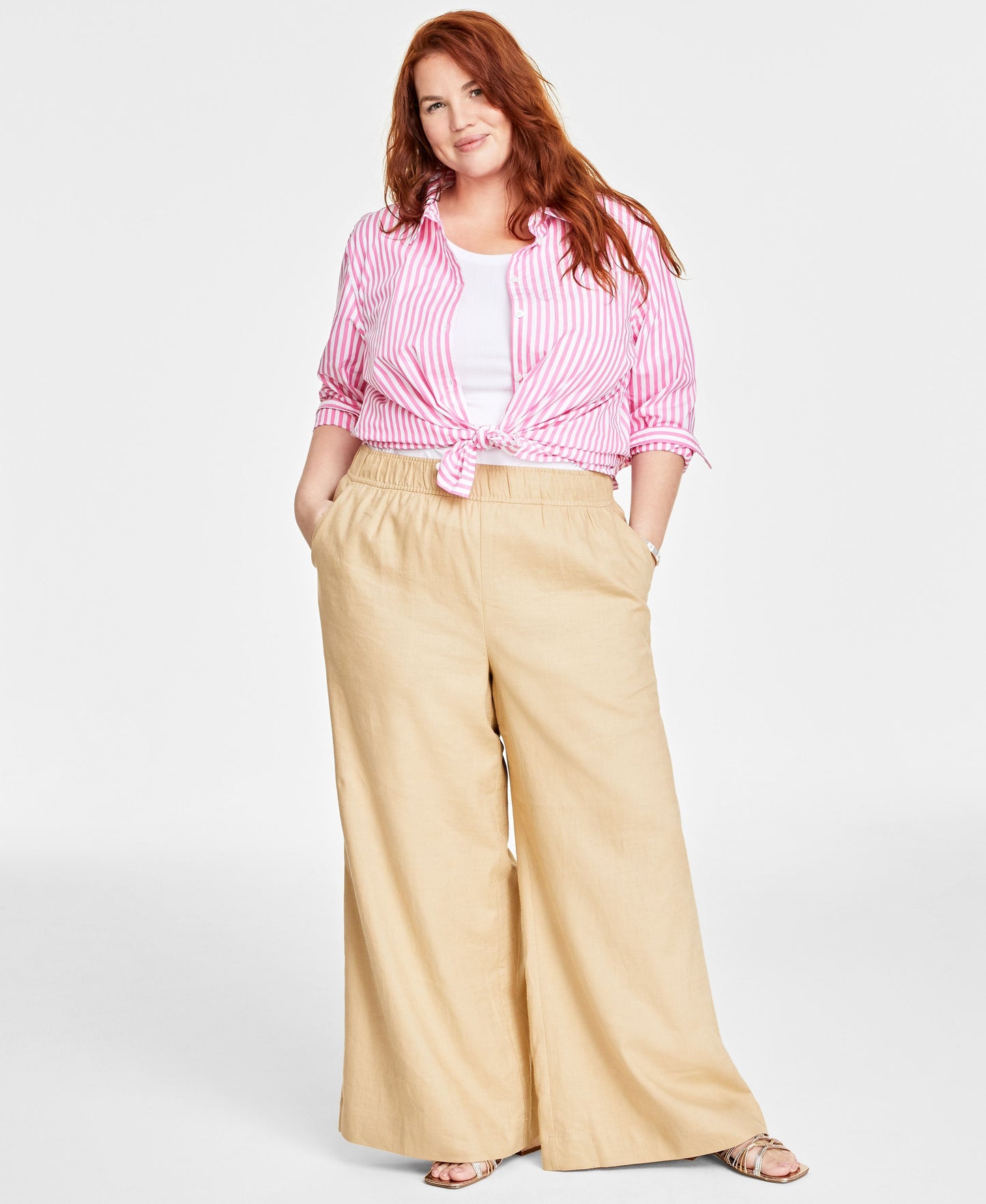 Plus Size Linen-Blend Pull-On Lightweight Wide-Leg Pants