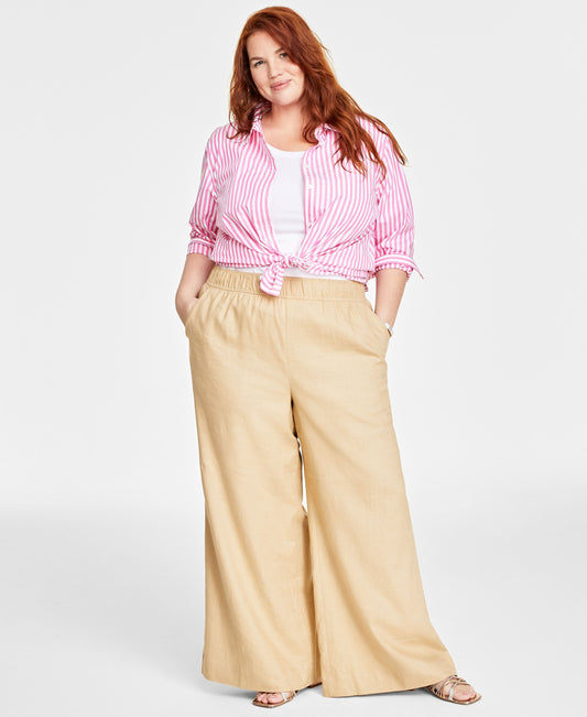 Plus Size Linen-Blend Pull-On Lightweight Wide-Leg Pants