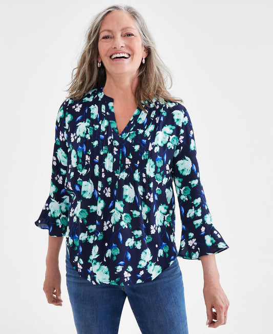 Women's Printed Pintuck Ruffle Sleeve Top, Regular & Petite