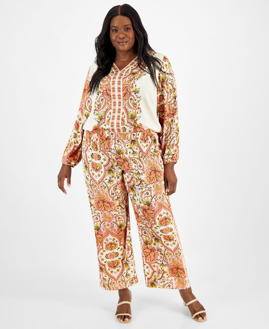 Plus Size Pull-On Satin Medallion Pants