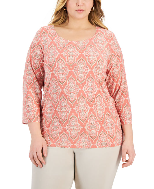 Plus Size Medallion Printed Jacquard Top Burnt Brick Combo 3X