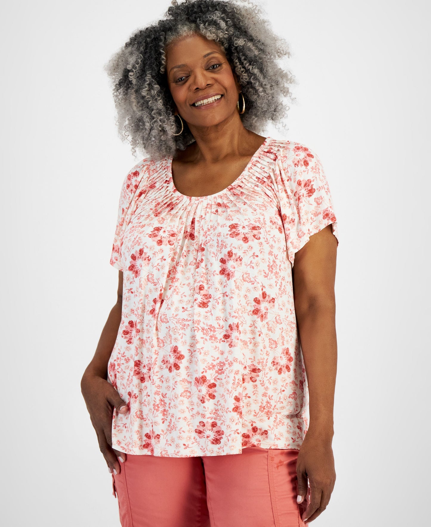 Plus Size Printed Pleated-Neck Top