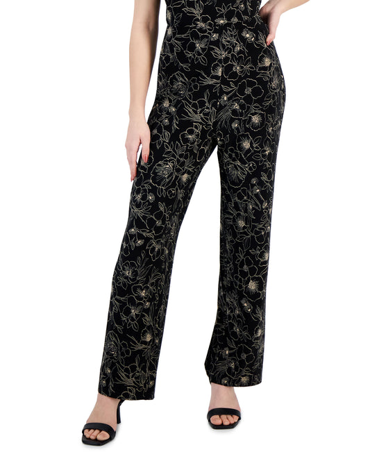 Petite Floral-Print Pull-On Wide-Leg Pants