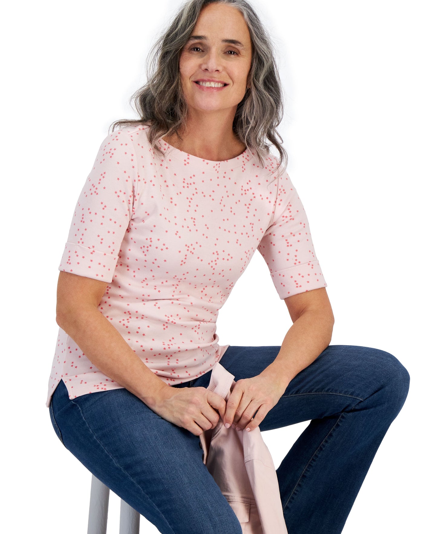 Petite Printed Boat-Neck Elbow-Sleeve Top Mini Star Pink PM