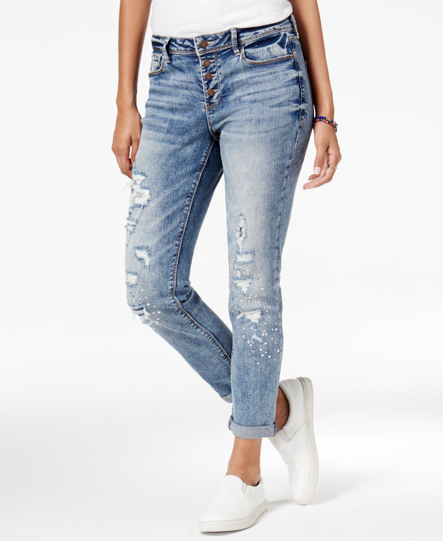 Juniors' Ripped Appliqued Relaxed Fit Girlfriend Jeans