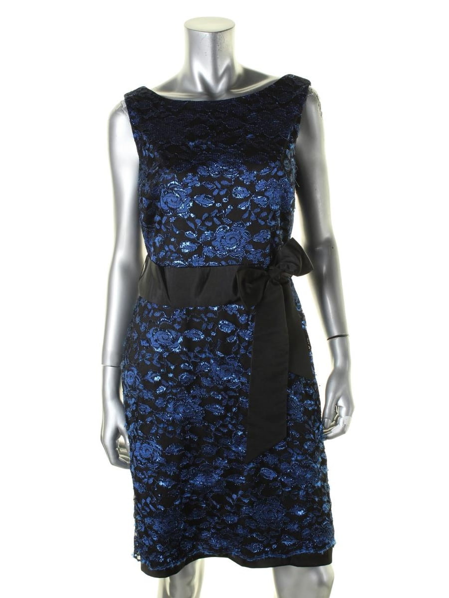 Sangria Women's Metallic Lace Sheath with Bow Belt, Black/Tanzanite, 6