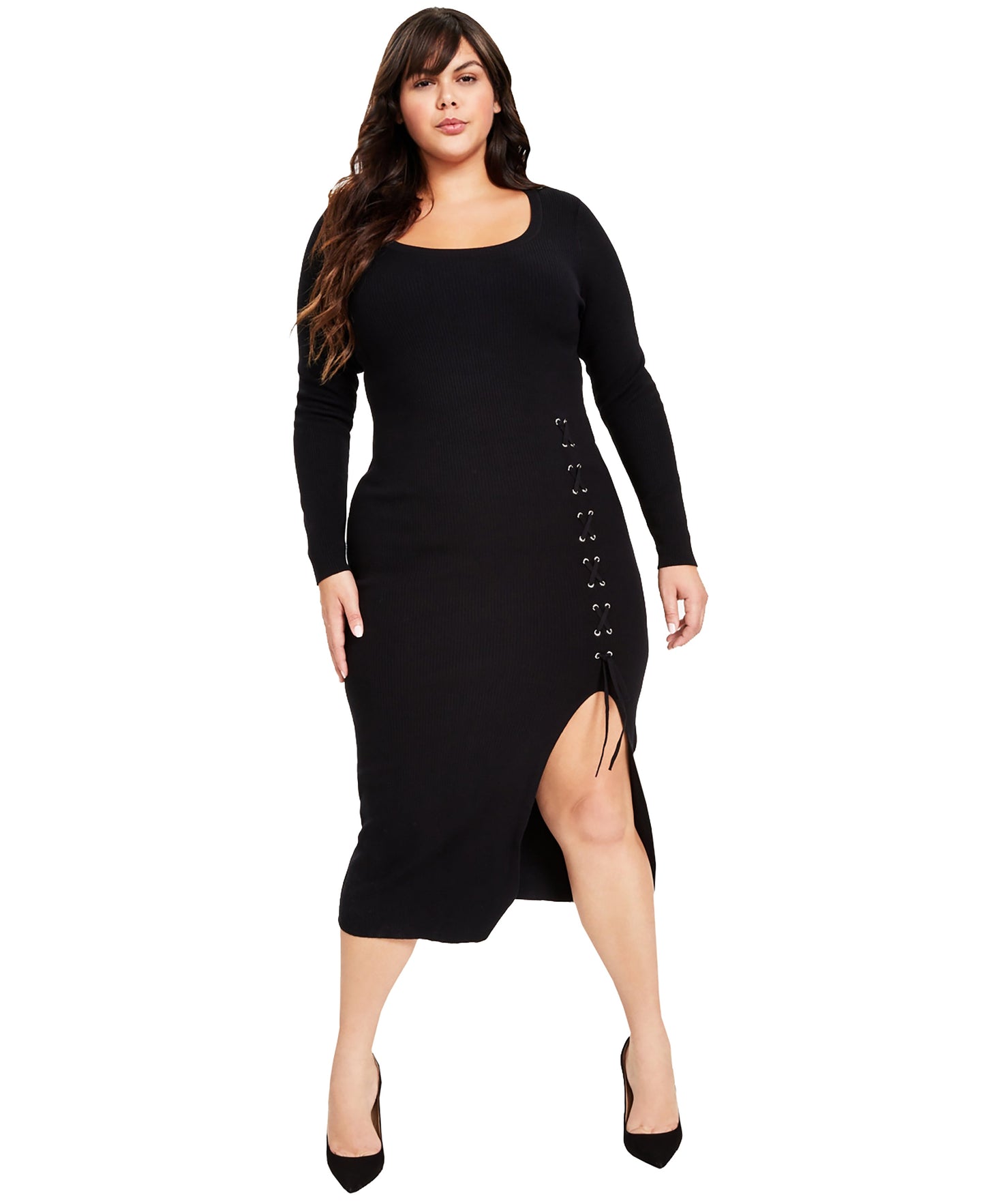 Plus Size Rib-Knit Lace-Up Sweater Dress