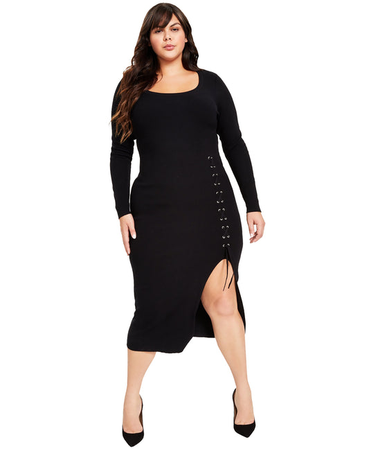 Plus Size Rib-Knit Lace-Up Sweater Dress