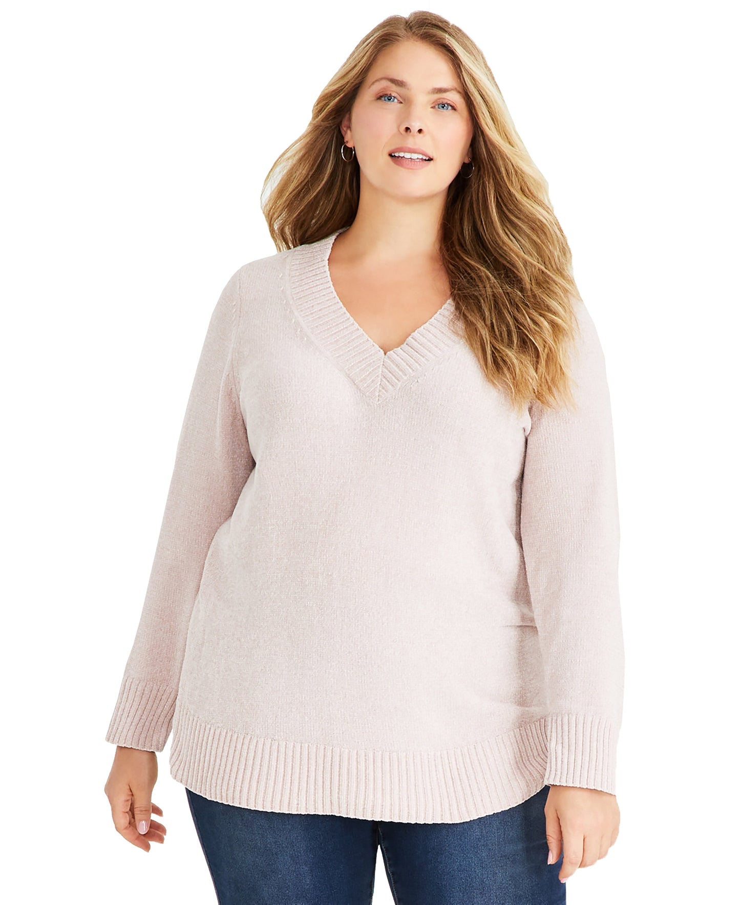 Plus Size V-Neck Long-Sleeve Chenille Sweater