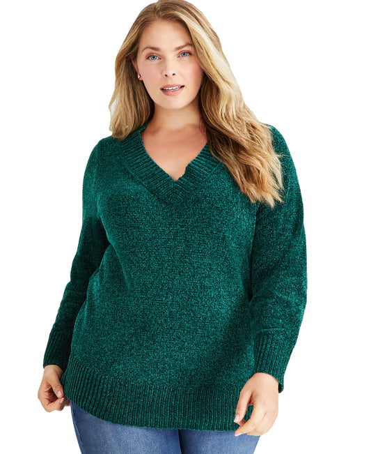Plus Size V-Neck Long-Sleeve Chenille Sweater