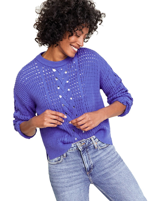 Women's Cable-Knit-Mesh Crewneck Long-Sleeve Sweater
