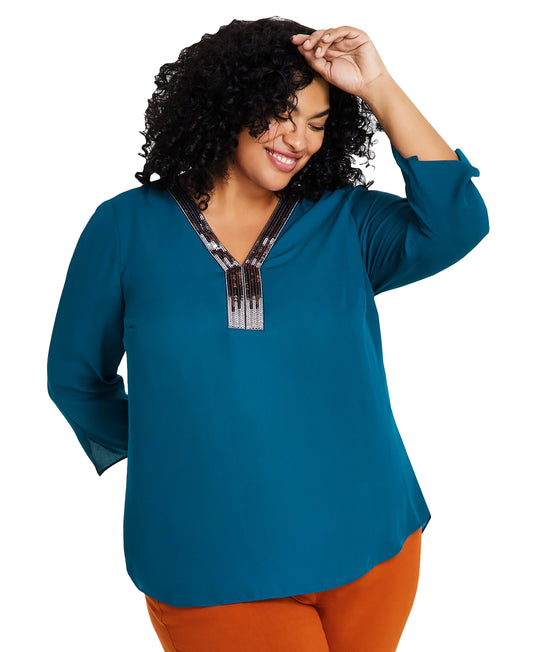 Plus Size Sequined-Neck 3/4-Sleeve Top