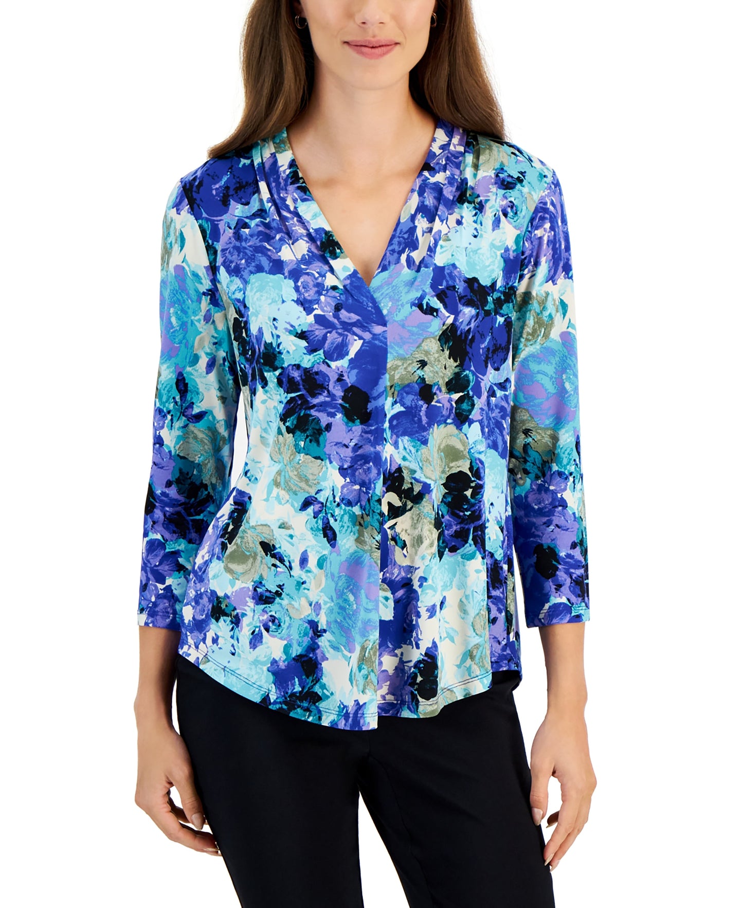 Women's Floral-Print Pleated-Shoulder Top
