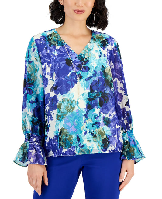 Plus Size Caludette Rose Smocked-Sleeve Necklace Top