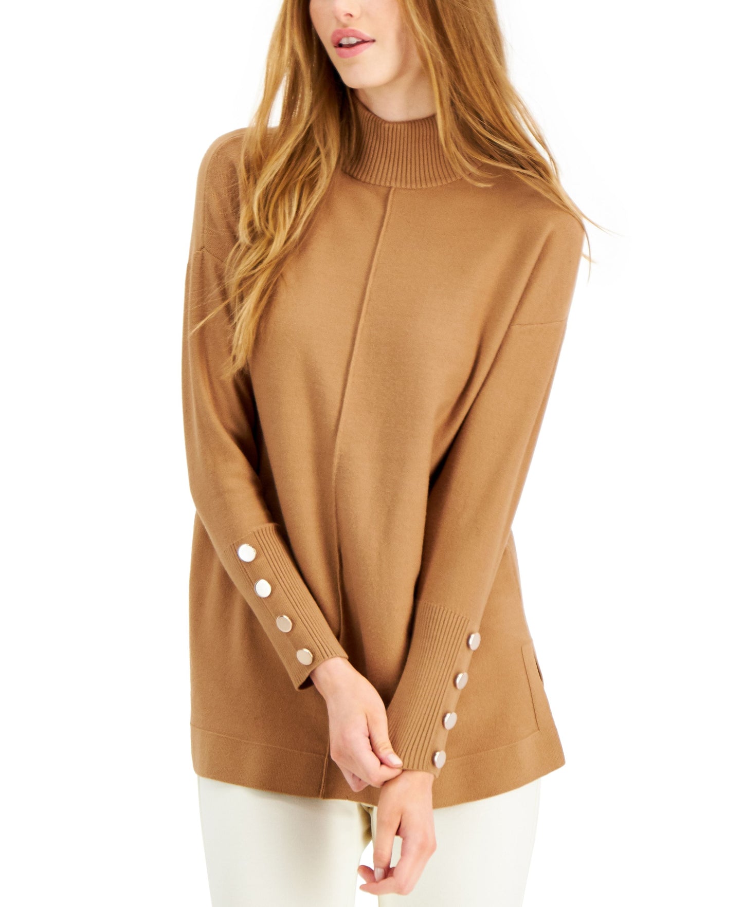 Petite Button-Trim Mock-Neck Sweater