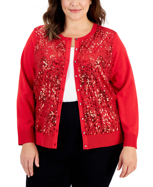 Plus Size Sequin Button-Front Long-Sleeve Cardigan