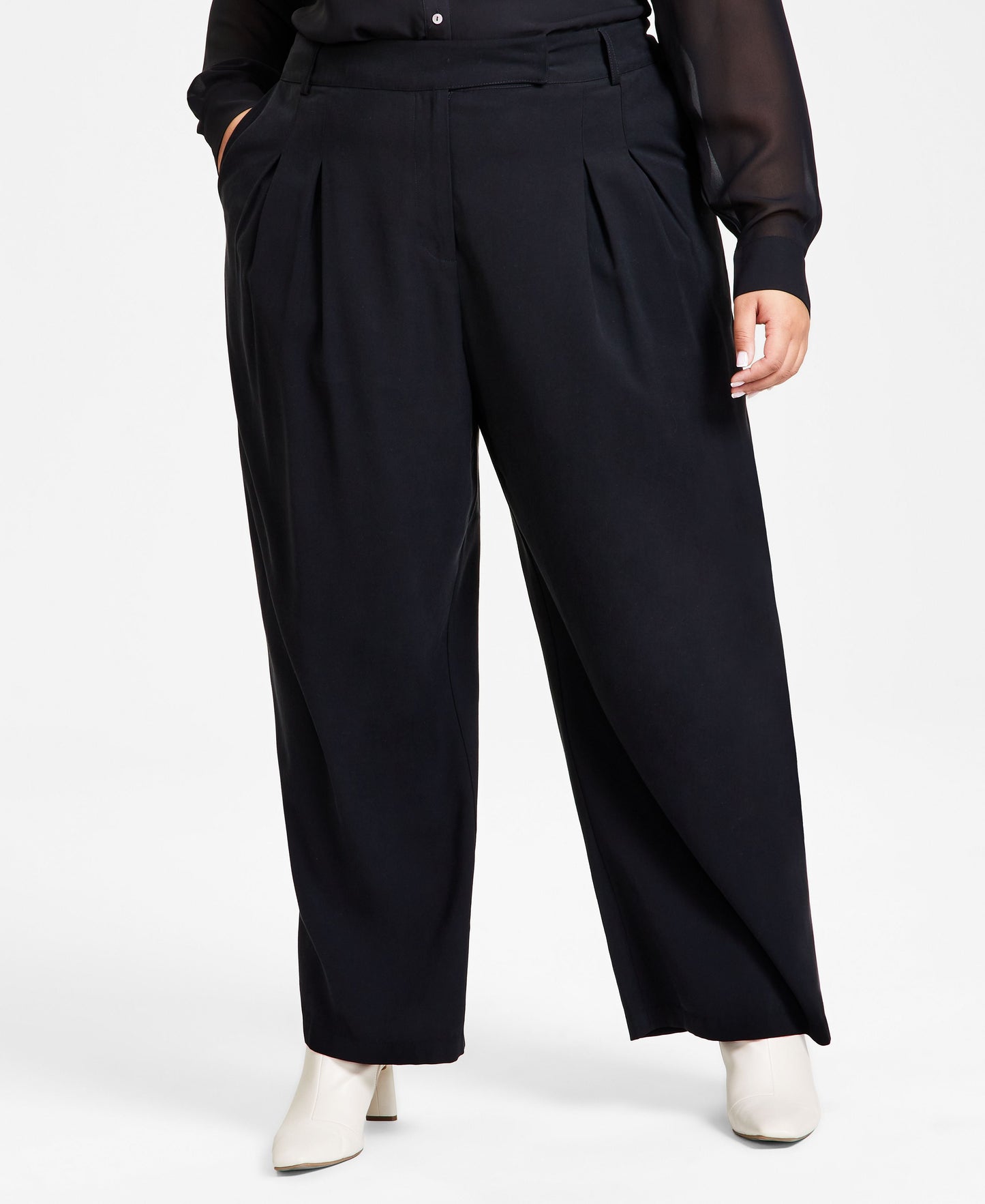 Plus Size High-Rise Pleat-Front Wide-Leg Pants