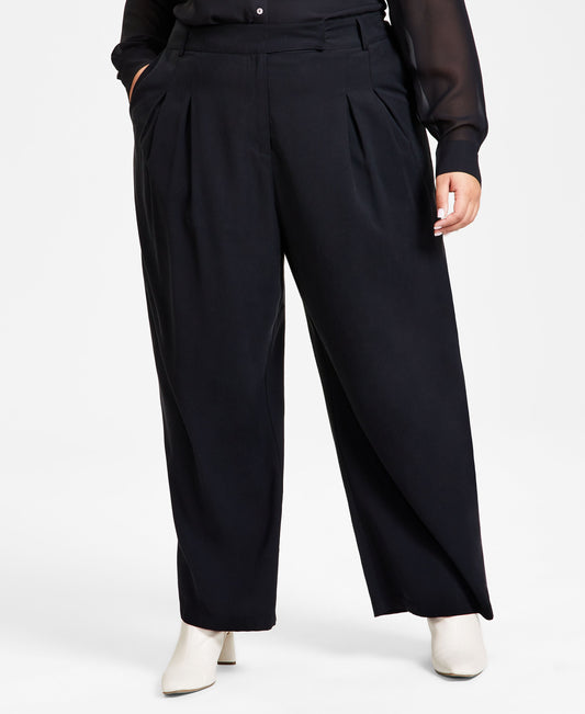 Plus Size High-Rise Pleat-Front Wide-Leg Pants