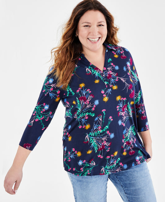 Plus Size Lola Floral-Print Johnny-Collar Tunic